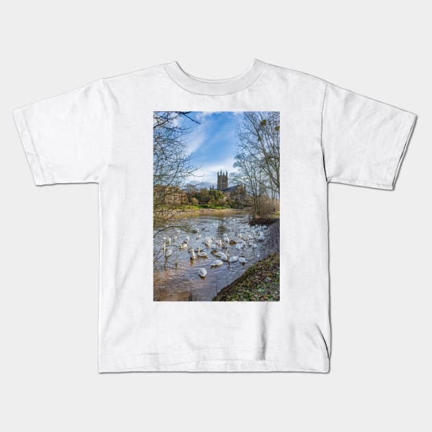 Swans and Cathedral, Worcester Kids T-Shirt by adam-bullock